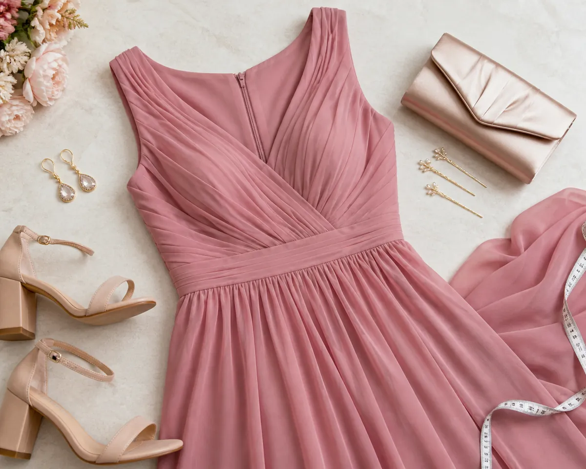 Detail close-up or styled flat-lay of a bridesmaid dress or bridesmaid-party outfit on a model with complementary access