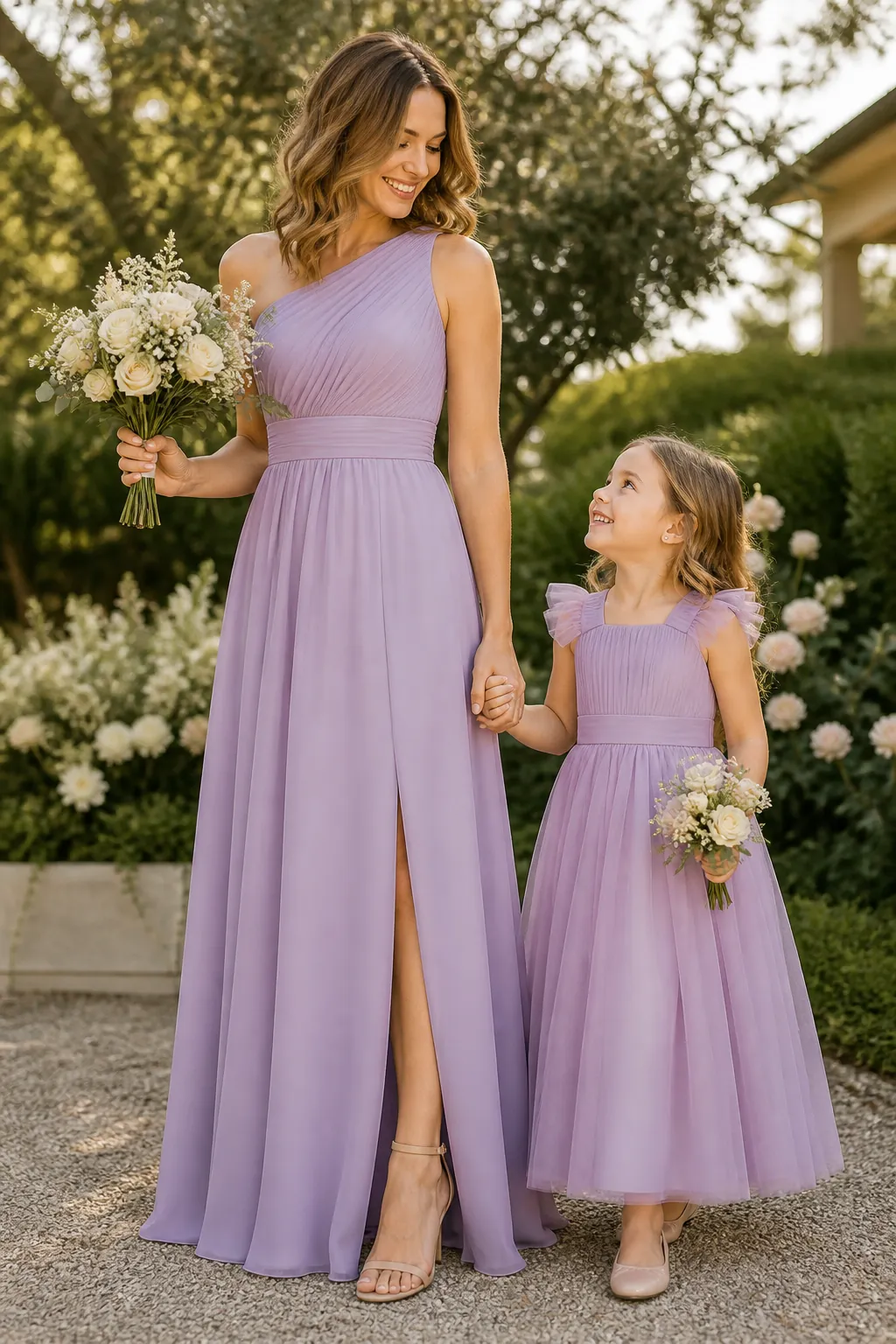 Hero lifestyle shot of a bridesmaid dress or bridesmaid-party outfit on a model, contextually illustrating 'flower girl