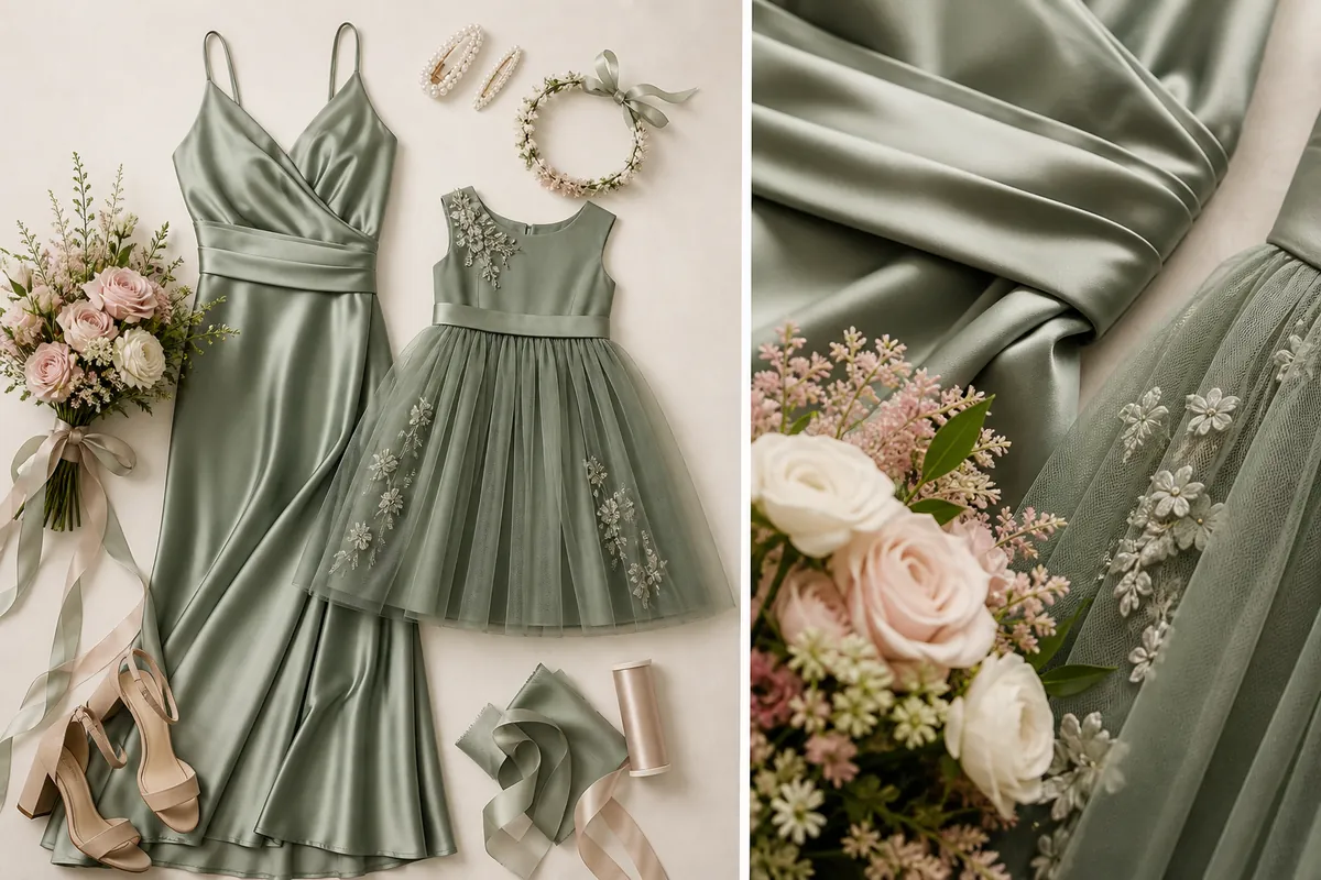 Detail close-up or styled flat-lay of a bridesmaid dress or bridesmaid-party outfit on a model with complementary access