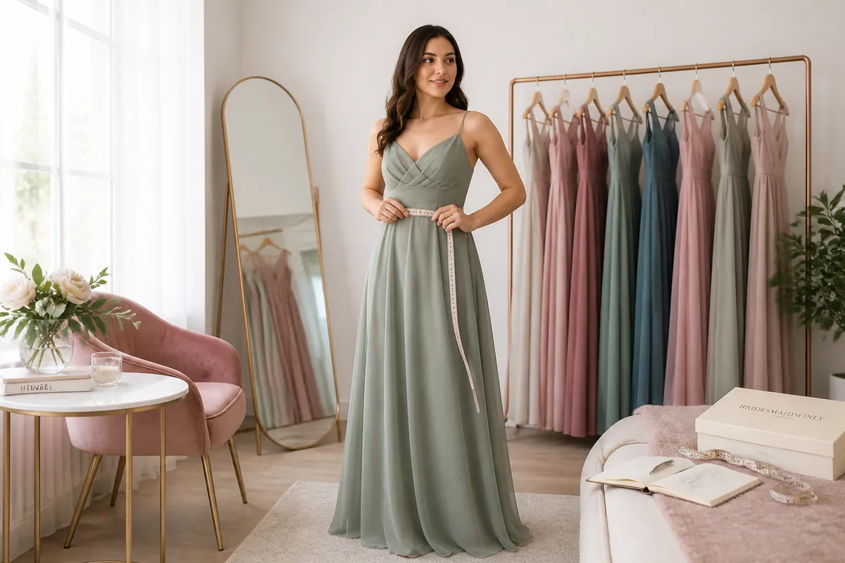 Hero lifestyle shot of a bridesmaid dress or bridesmaid-party outfit on a model, contextually illustrating 'measure your