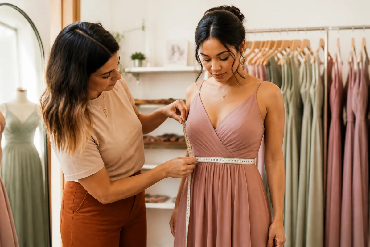 Mid-article supporting image of a person handling or selecting a bridesmaid dress or bridesmaid-party outfit on a model,