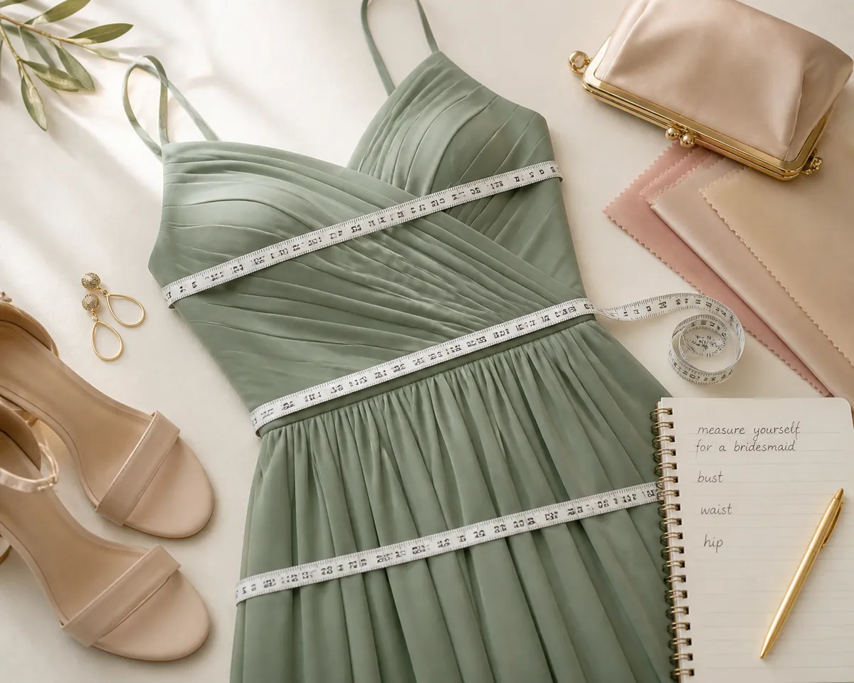 Detail close-up or styled flat-lay of a bridesmaid dress or bridesmaid-party outfit on a model with complementary access
