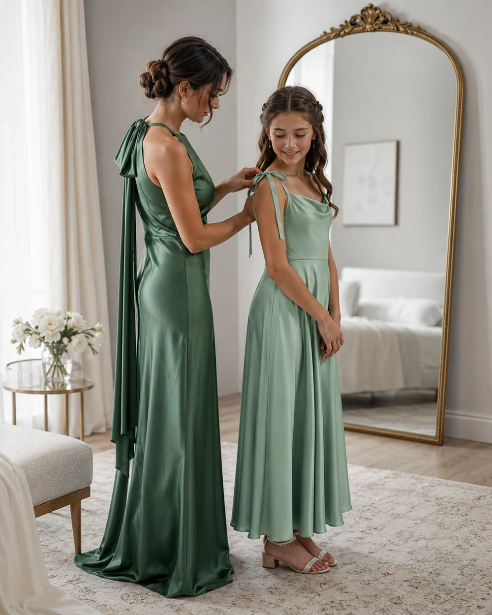 Mother tying the shoulder bow on a girl wearing a sage green junior bridesmaid dress