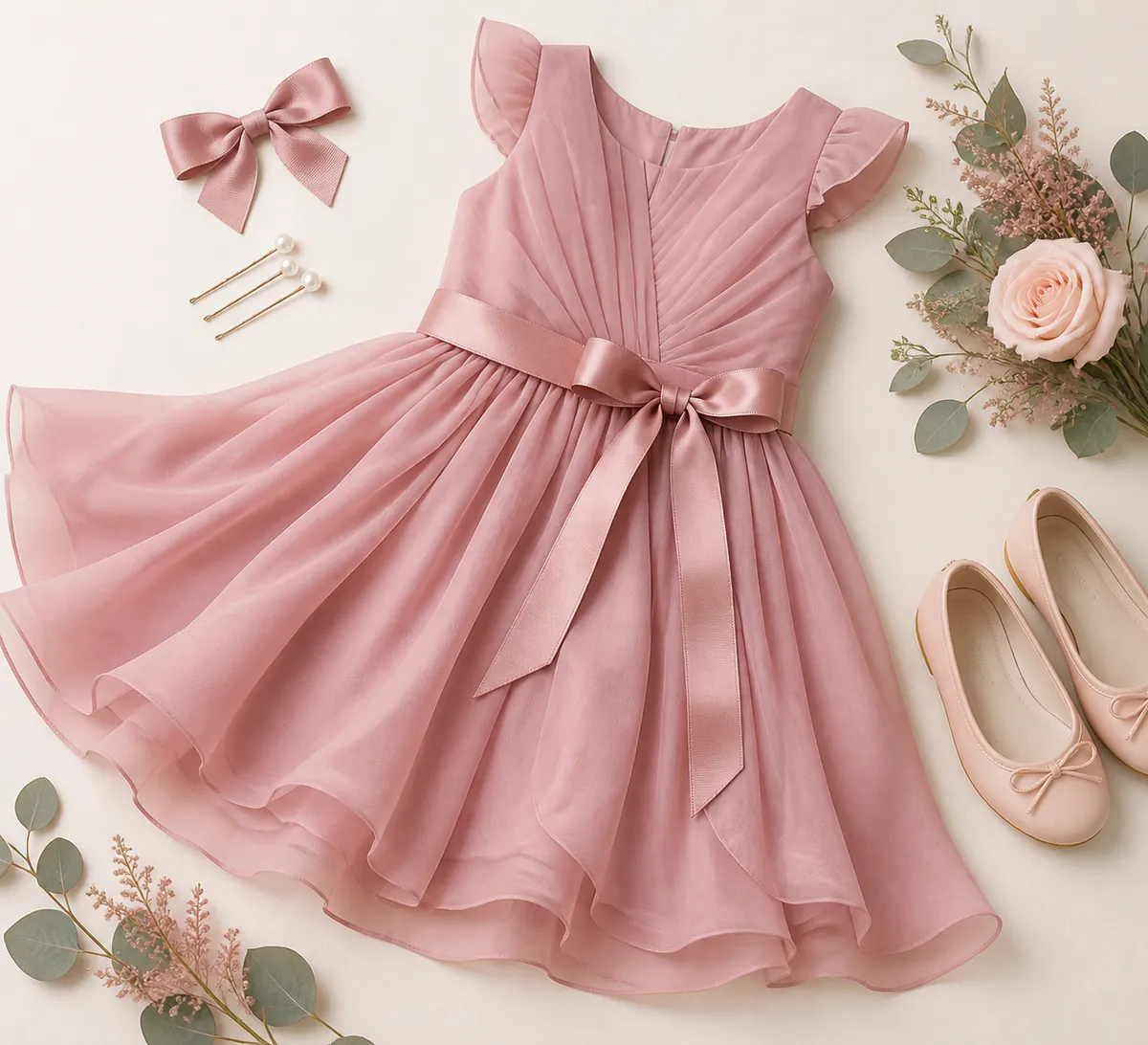 Detail close-up or styled flat-lay of a bridesmaid dress or bridesmaid-party outfit on a model with complementary access