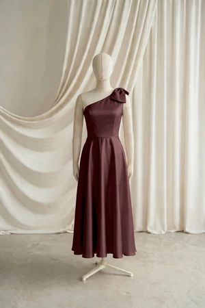 Mara junior bridesmaid dress by TH&TH in Chocolate Brown, full-length front view