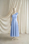 Mara junior bridesmaid dress by TH&TH in Dusty Blue, full-length front view