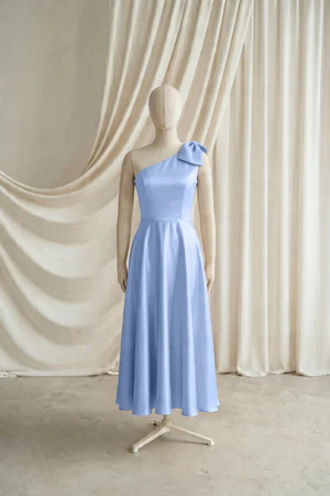 Mara junior bridesmaid dress by TH&TH in Dusty Blue, full-length front view