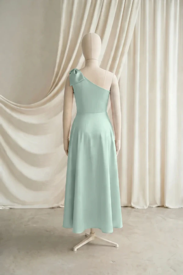 Mara Junior Bridesmaid Dress by TH&TH – Green – Dusty Eucalyptus – Back Mara junior bridesmaid dress by TH&TH in Dusty Eucalyptus, full-length back view
