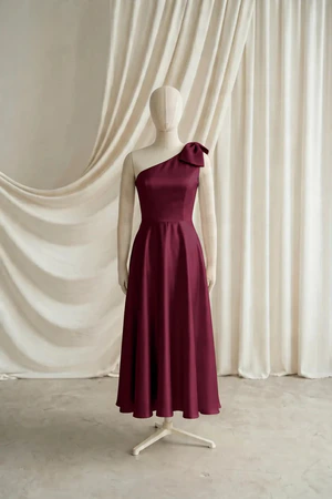 Mara junior bridesmaid dress by TH&TH in Merlot, full-length front view