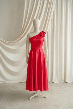 Mara junior bridesmaid dress by TH&TH in Ruby, full-length front view