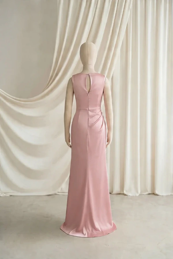 Nala Junior Bridesmaid Dress by TH&TH – Blush Pink – Back Blush Pink Nala junior bridesmaid dress by TH&TH, satin boat neck, back view