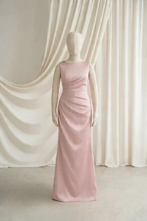 Blush Pink Nala junior bridesmaid dress by TH&TH, satin boat neck, front view