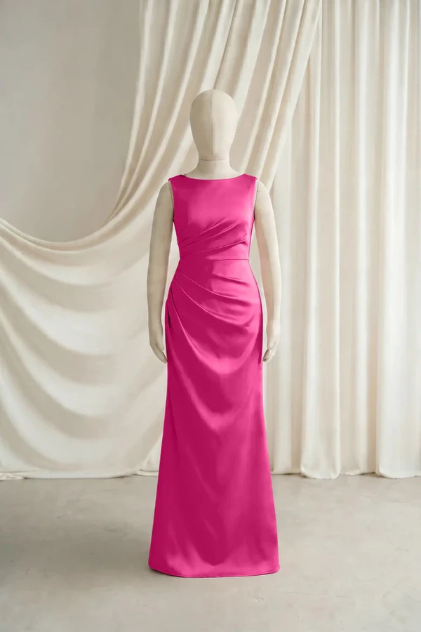 Nala Junior Bridesmaid Dress by TH&TH – Cerise – Front Cerise Nala junior bridesmaid dress by TH&TH, satin boat neck, front view