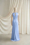 Dusty Blue Nala junior bridesmaid dress by TH&TH, satin boat neck, back view