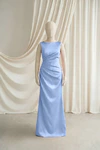Dusty Blue Nala junior bridesmaid dress by TH&TH, satin boat neck, front view