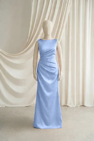 Dusty Blue Nala junior bridesmaid dress by TH&TH, satin boat neck, front view