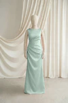 Dusty Eucalyptus Nala junior bridesmaid dress by TH&TH, satin boat neck, front view