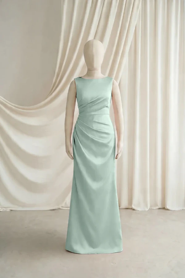 Nala Junior Bridesmaid Dress by TH&TH – Dusty Eucalyptus – Front Dusty Eucalyptus Nala junior bridesmaid dress by TH&TH, satin boat neck, front view