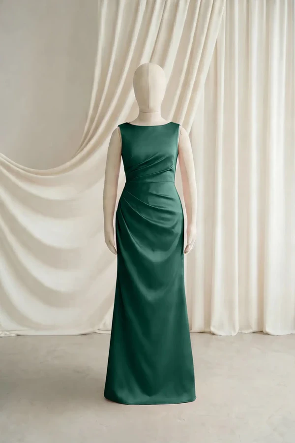 Nala Junior Bridesmaid Dress by TH&TH – Forest Green – Front Forest Green Nala junior bridesmaid dress by TH&TH, satin boat neck, front view