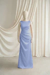 French Blue Nala junior bridesmaid dress by TH&TH, satin boat neck, front view