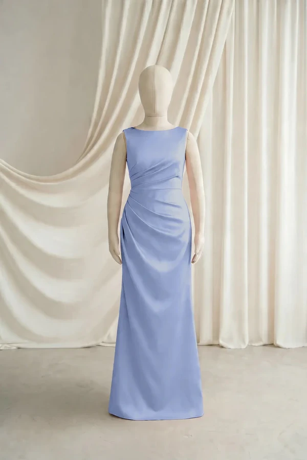 Nala Junior Bridesmaid Dress by TH&TH – French Blue – Front French Blue Nala junior bridesmaid dress by TH&TH, satin boat neck, front view