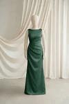 Olive Grove Nala junior bridesmaid dress by TH&TH, satin boat neck, front view