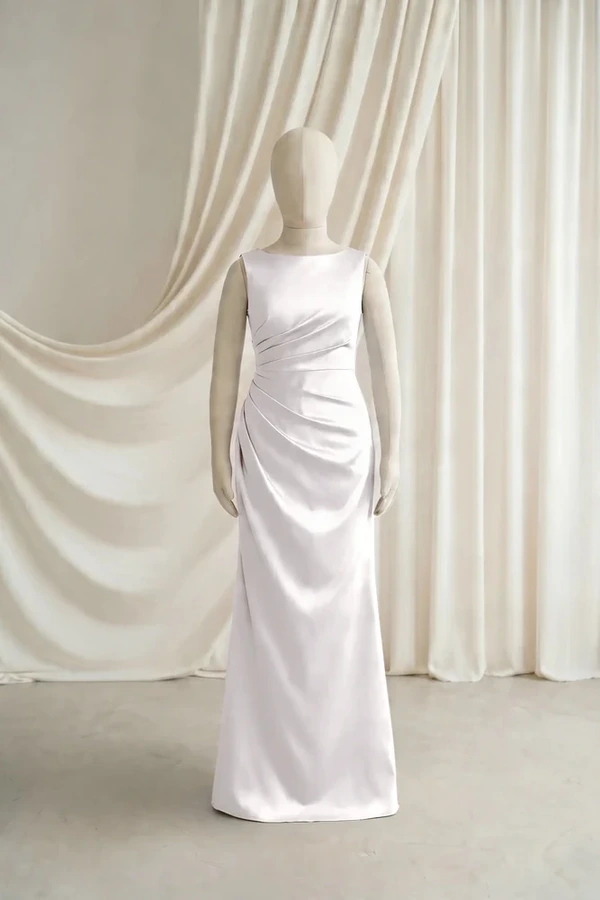 Nala Junior Bridesmaid Dress by TH&TH – Neutral – Oyster – Front Nala junior bridesmaid dress by TH&TH in Oyster, full-length front view