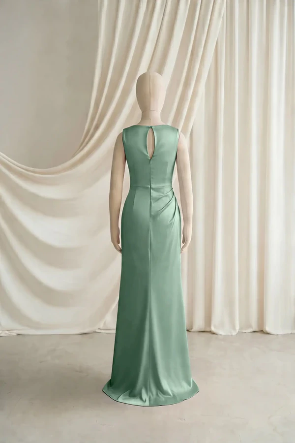 Nala Junior Bridesmaid Dress by TH&TH – Sage Green – Back Sage Green Nala junior bridesmaid dress by TH&TH, satin boat neck, back view