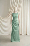 Sage Green Nala junior bridesmaid dress by TH&TH, satin boat neck, front view