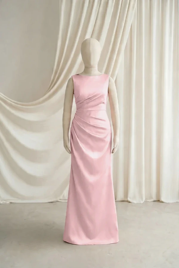 Nala Junior Bridesmaid Dress by TH&TH – Smoked Blush – Front Smoked Blush Nala junior bridesmaid dress by TH&TH, satin boat neck, front view