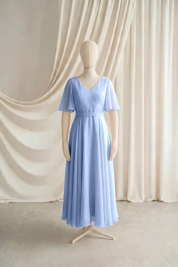 Phoebe Junior Bridesmaid Dress by TH&TH – Blue – Dusty Blue – Front Phoebe junior bridesmaid dress by TH&TH in Dusty Blue, full-length front view