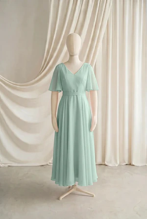 Phoebe junior bridesmaid dress by TH&TH in Dusty Eucalyptus, full-length front view