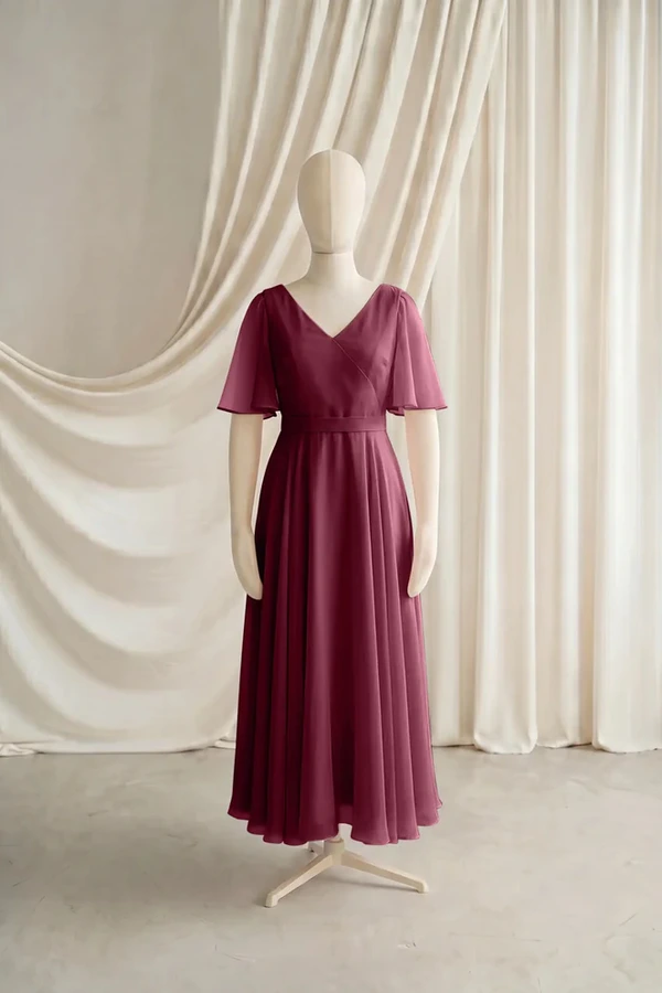 Phoebe Junior Bridesmaid Dress by TH&TH – Burgundy – Merlot – Front Phoebe junior bridesmaid dress by TH&TH in Merlot, full-length front view