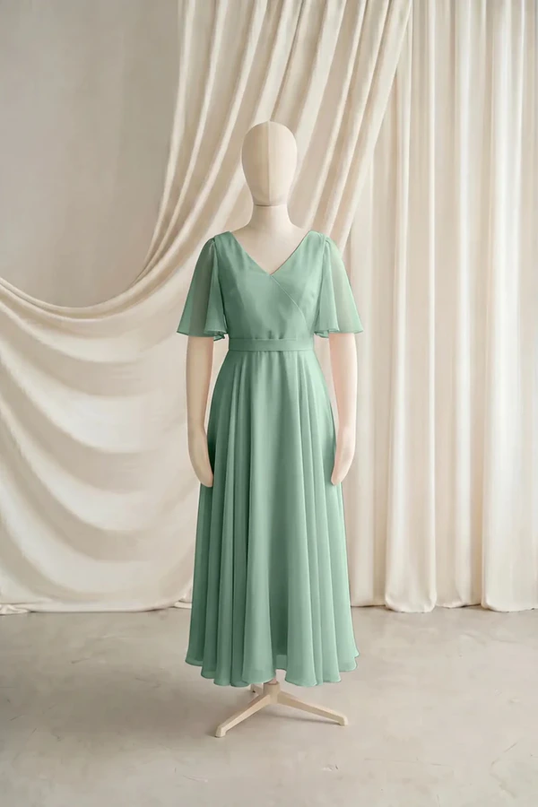 Phoebe Junior Bridesmaid Dress by TH&TH – Green – Sage Green – Front Phoebe junior bridesmaid dress by TH&TH in Sage Green, full-length front view