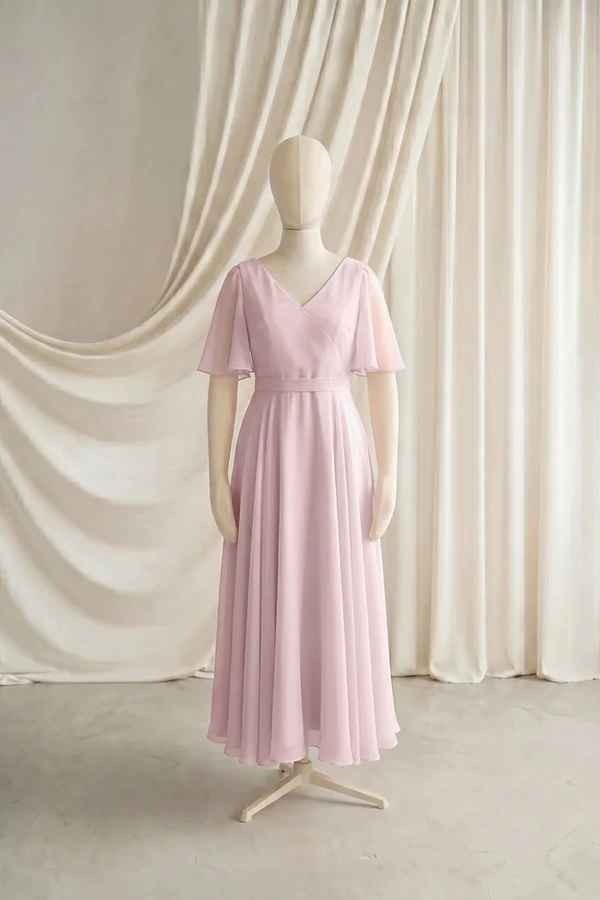 Phoebe Junior Bridesmaid Dress by TH&TH – Pink – Smoked Blush – Front Phoebe junior bridesmaid dress by TH&TH in Smoked Blush, full-length front view