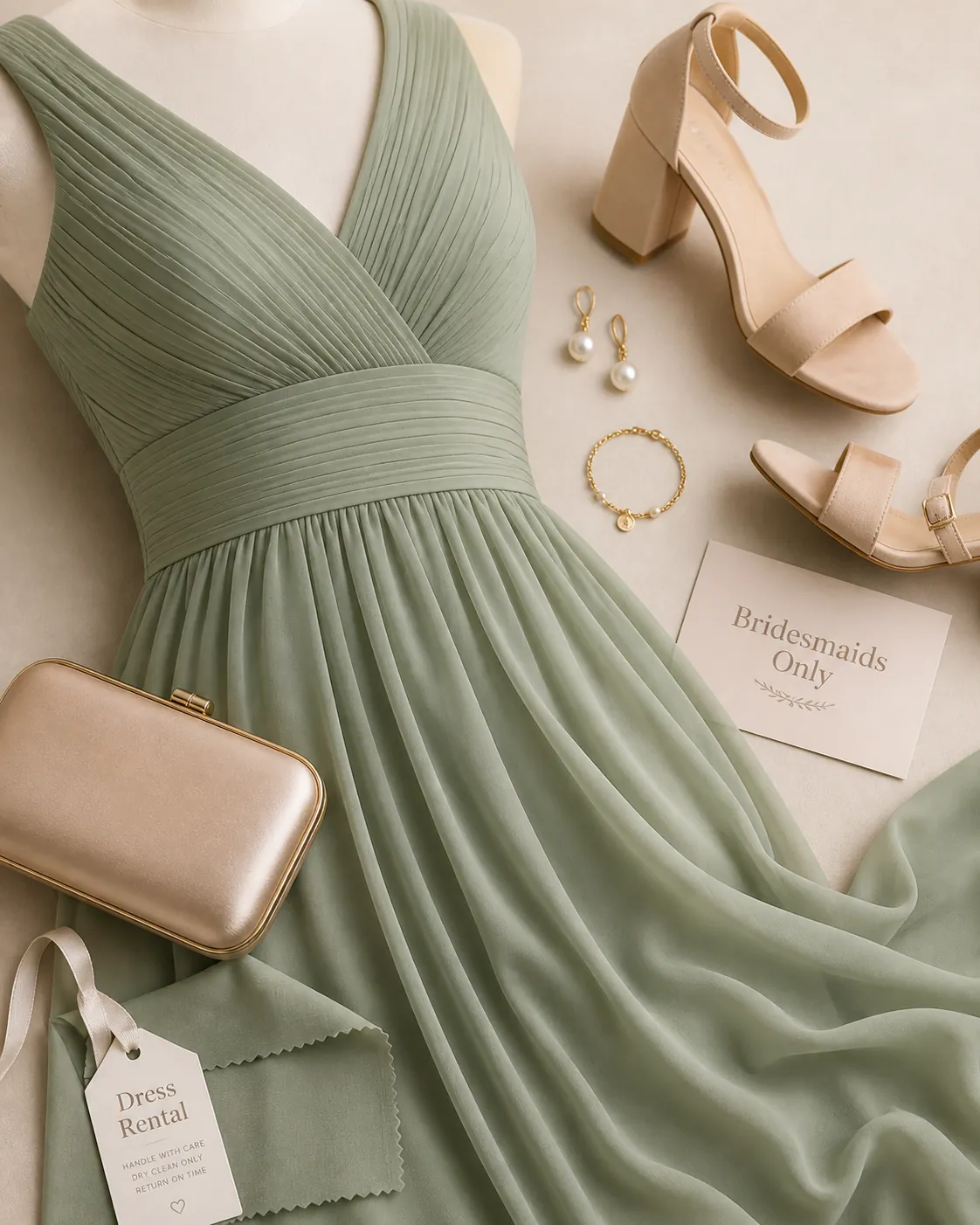 Detail close-up or styled flat-lay of a bridesmaid dress or bridesmaid-party outfit on a model with complementary accessories