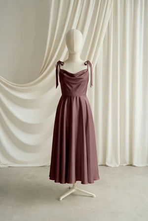 Tilly junior bridesmaid dress by TH&TH in Chocolate Brown, full-length front view