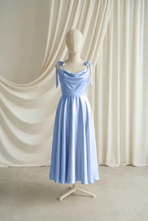 Tilly junior bridesmaid dress by TH&TH in Dusty Blue, full-length front view