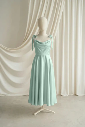 Tilly junior bridesmaid dress by TH&TH in Dusty Eucalyptus, full-length front view