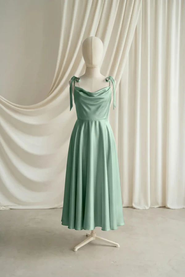 Tilly Junior Bridesmaid Dress by TH&TH – Green – Sage Green – Front Tilly junior bridesmaid dress by TH&TH in Sage Green, full-length front view