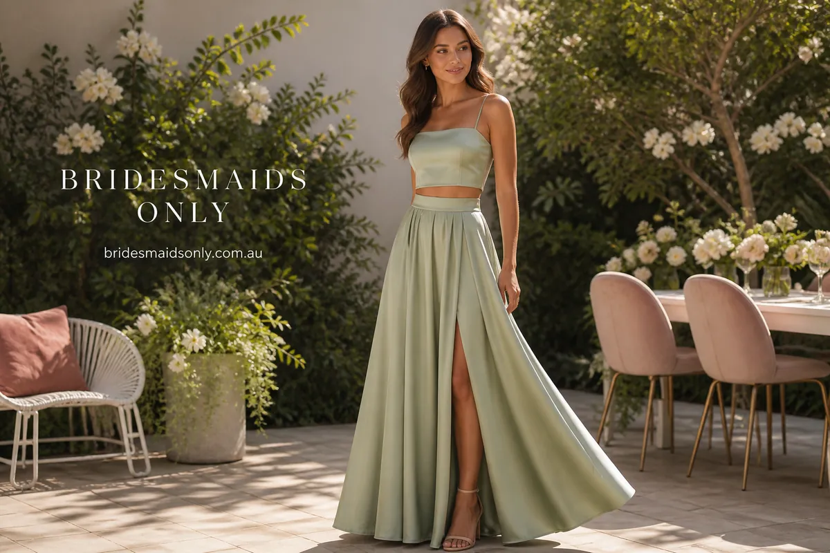 Hero lifestyle shot of a bridesmaid dress or bridesmaid-party outfit on a model, contextually illustrating 'two piece bridesmaid sets'