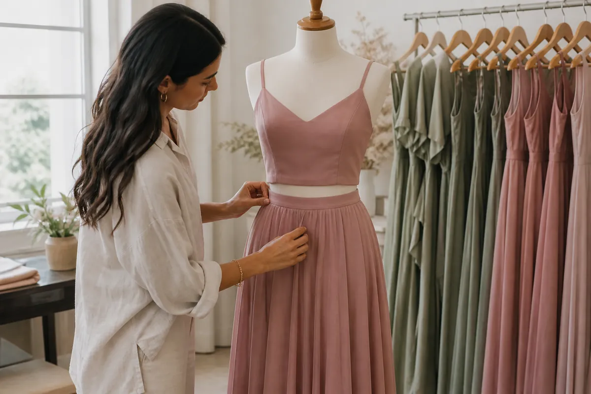 Choosing a bridesmaid dress from a rail in a boutique