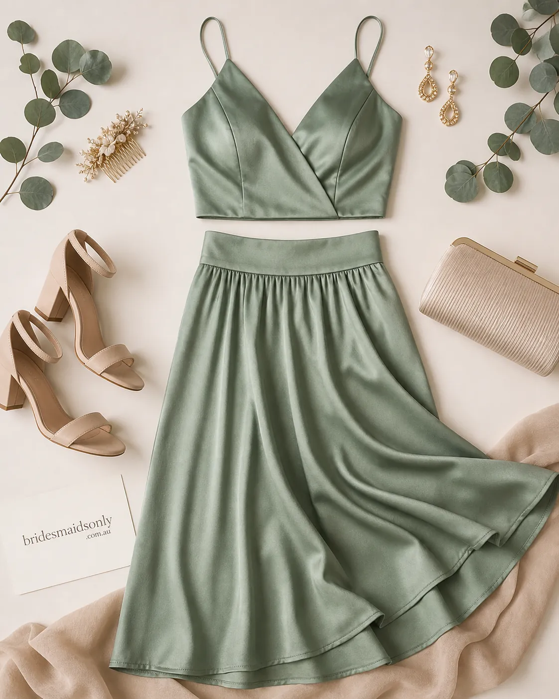 Detail close-up or styled flat-lay of a bridesmaid dress or bridesmaid-party outfit on a model with complementary accessories
