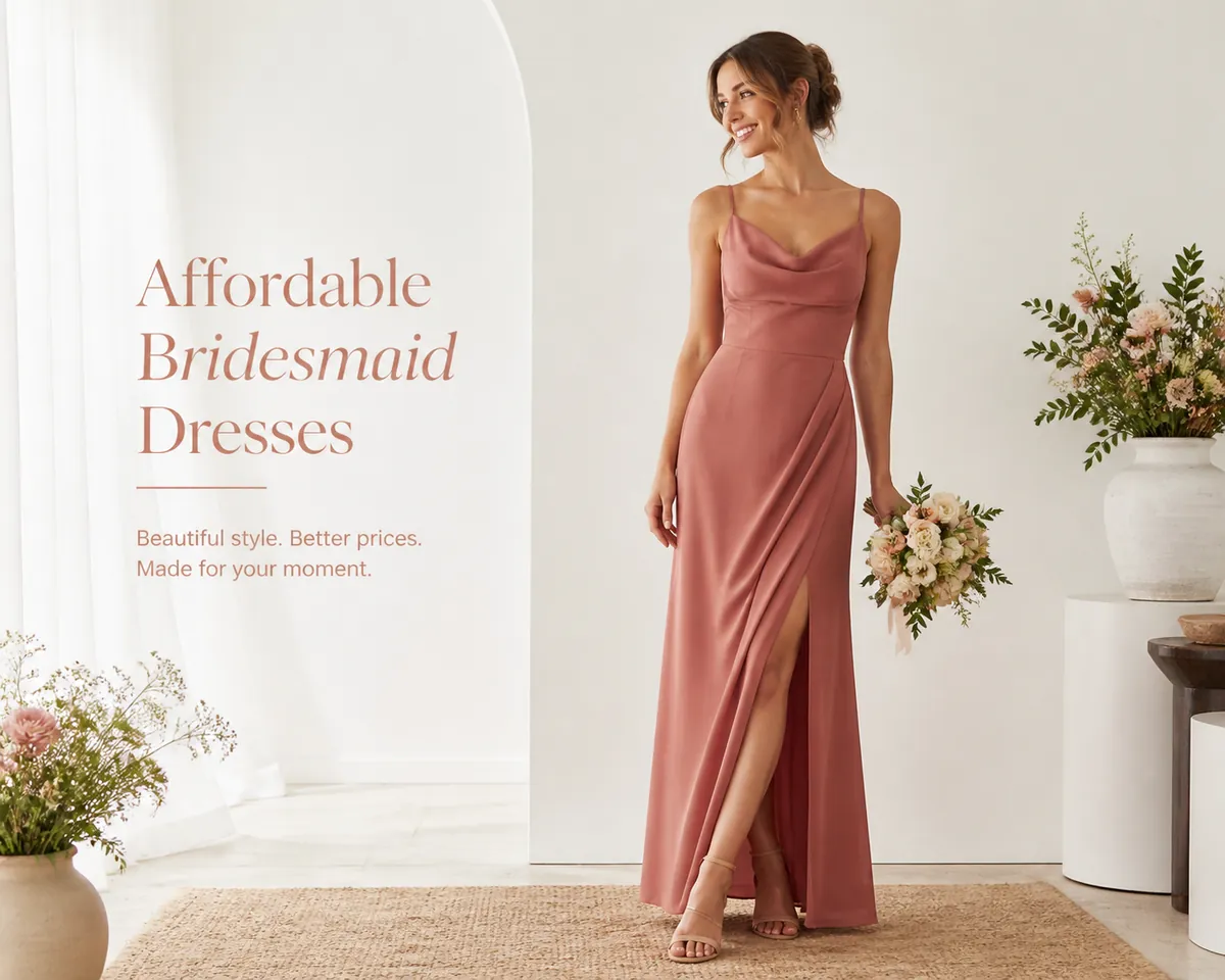 Hero lifestyle shot of a bridesmaid dress or bridesmaid-party outfit on a model, contextually illustrating 'affordable b