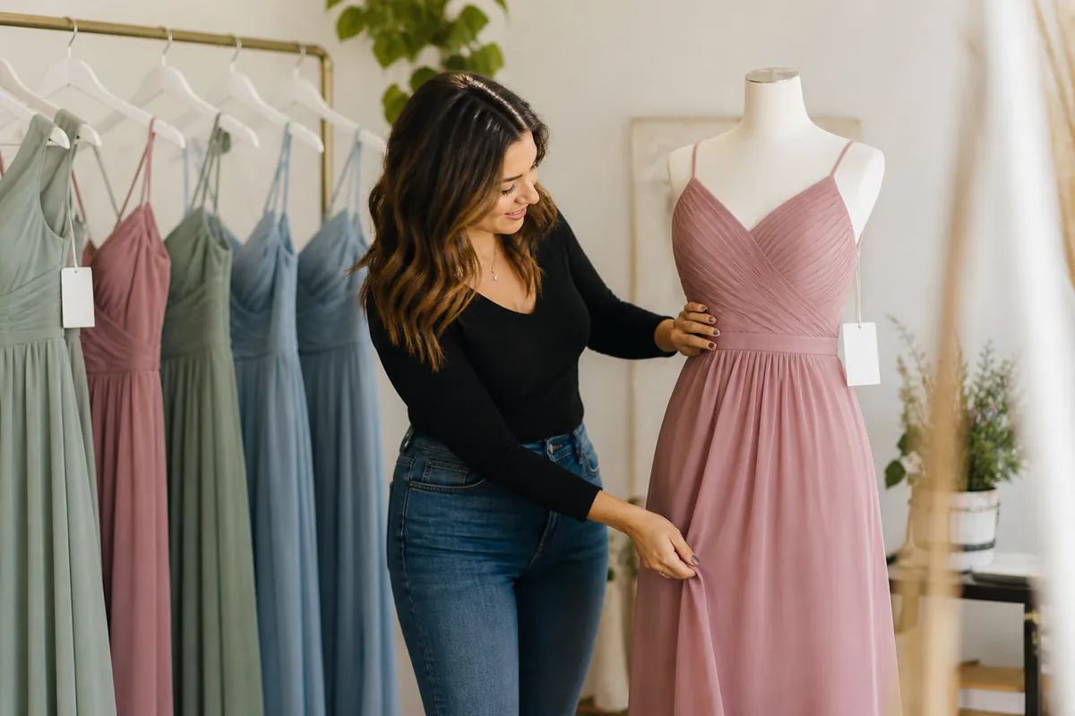 Mid-article supporting image of a person handling or selecting a bridesmaid dress or bridesmaid-party outfit on a model,