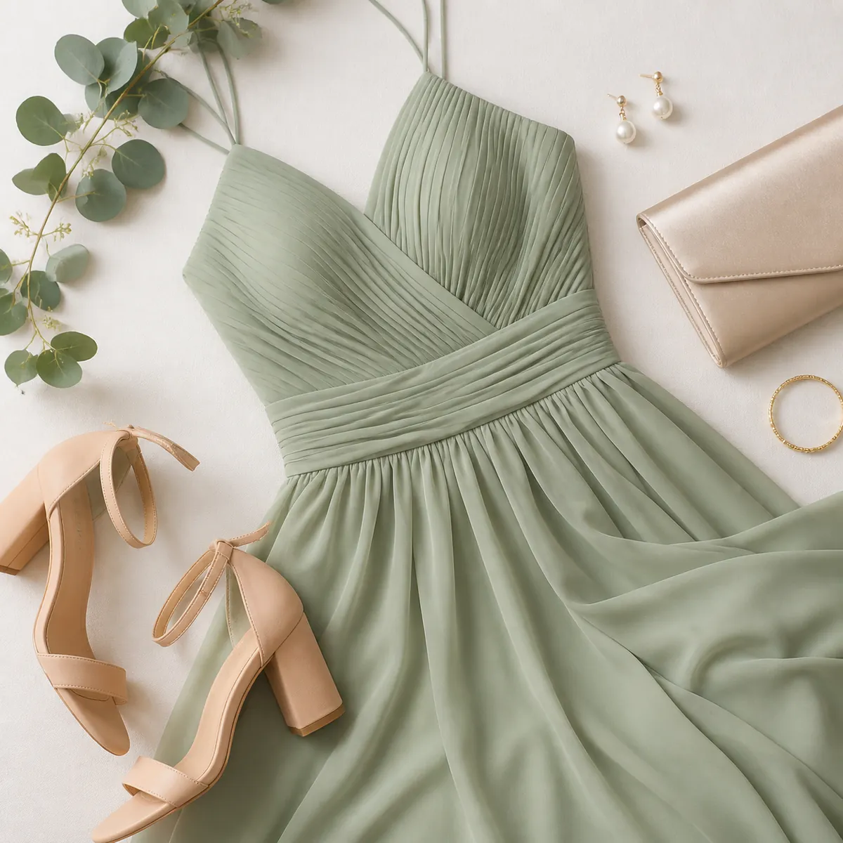 Detail close-up or styled flat-lay of a bridesmaid dress or bridesmaid-party outfit on a model with complementary access