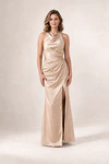 Anna Champagne satin bridesmaid dress by Tania Olsen — front view