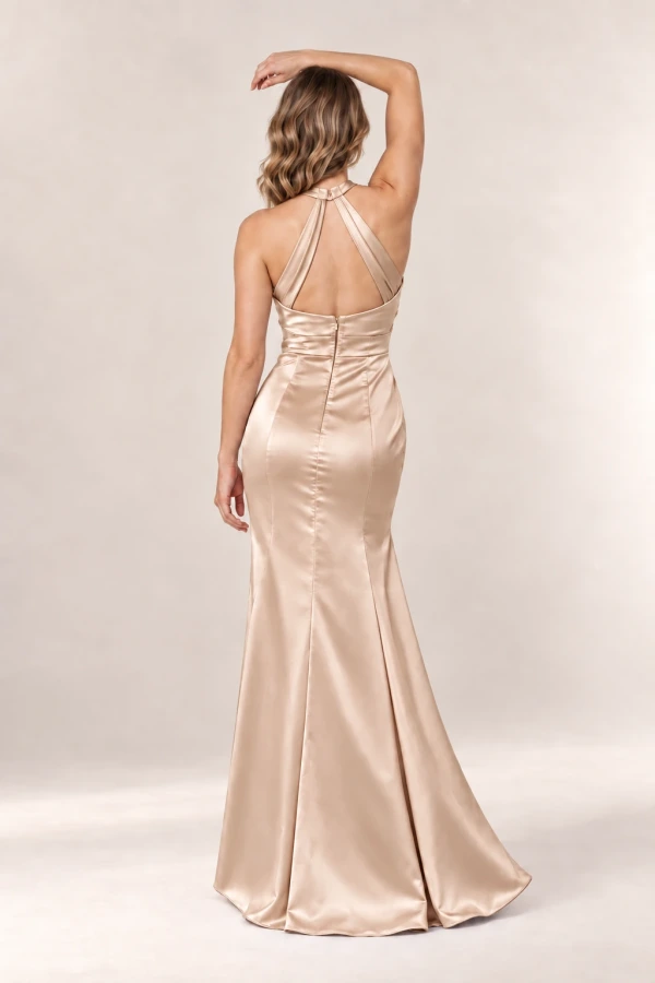 Anna Champagne satin bridesmaid dress by Tania Olsen — rear view Anna Champagne satin bridesmaid dress by Tania Olsen — rear view
