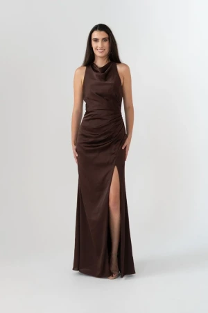 Anna satin bridesmaid dress by Tania Olsen in Chocolate, front view