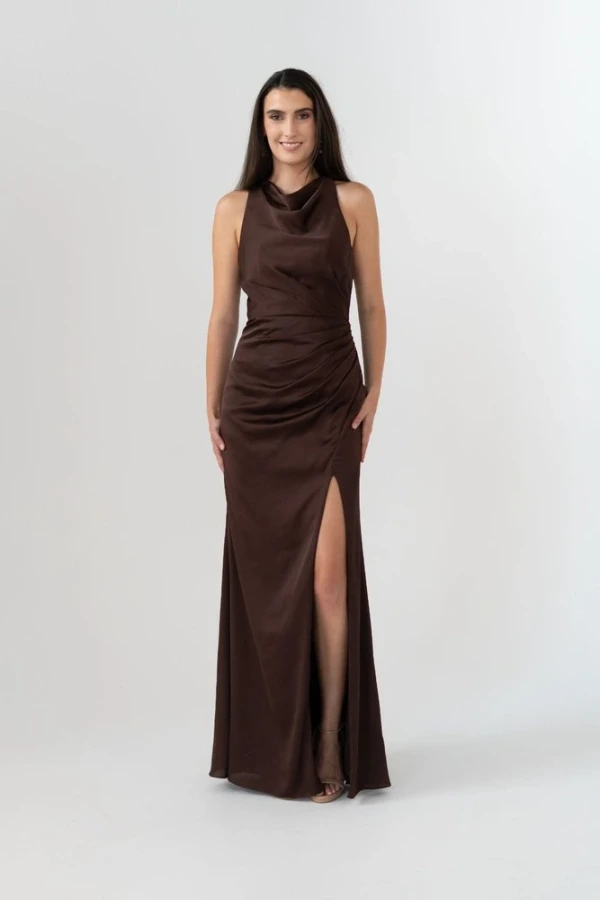 Anna satin bridesmaid dress by Tania Olsen in Chocolate, front view Anna satin bridesmaid dress by Tania Olsen in Chocolate, front view